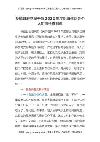 乡镇政府党员干部2022年度组织生活会个人对照检查材料（六个方面）