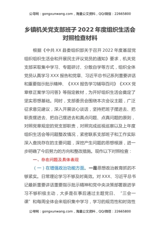 乡镇机关党支部班子2022年度组织生活会对照检查材料