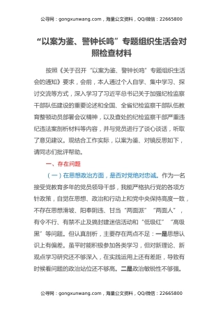 以案为鉴、警钟长鸣专题组织生活会对照检查材料