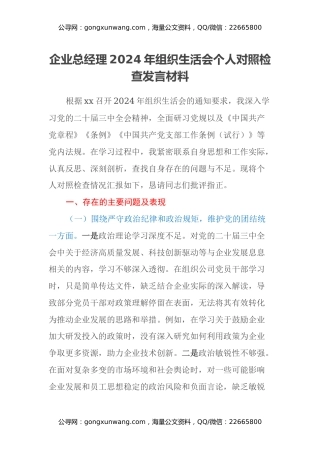 企业总经理2024年组织生活会个人对照检查发言材料