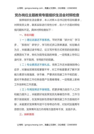 党办岗位主题教育专题组织生活会对照检查