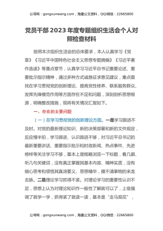 党员干部2023年度专题组织生活会个人对照检查材料