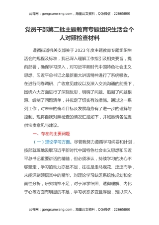 党员干部第二批主题教育专题组织生活会个人对照检查材料