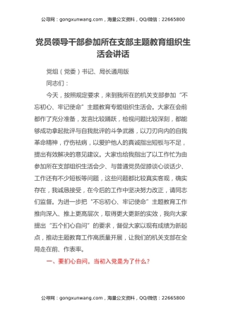 党员领导干部参加所在支部主题教育组织生活会讲话