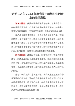 党委书记在2022年度党员干部组织生活会上的批评意见