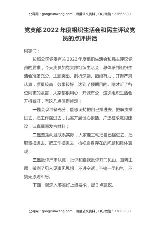 党支部2022年度组织生活会和民主评议党员的点评讲话