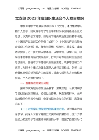 党支部2023年度组织生活会个人发言提纲