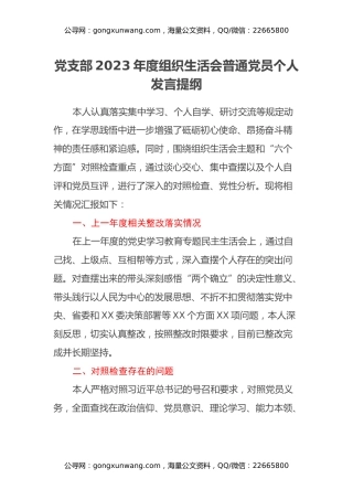 党支部2023年度组织生活会普通党员个人发言提纲