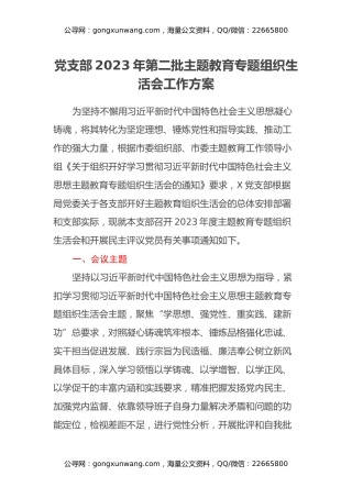党支部2023年第二批主题教育专题组织生活会工作方案