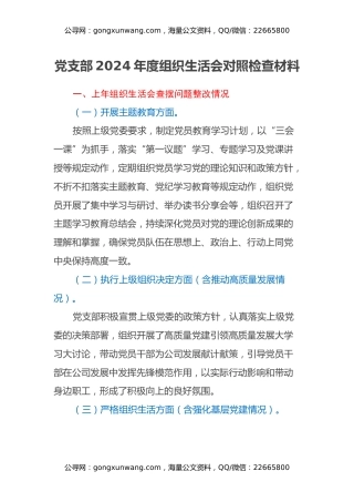党支部2024年度组织生活会对照检查材料（2）