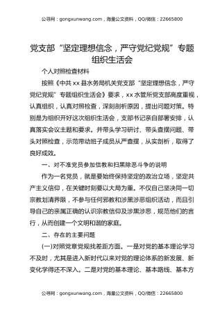 党支部“坚定理想信念，严守党纪党规”专题组织生活会 个人对照检查材料