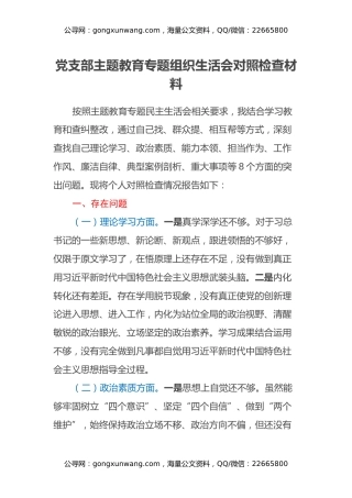 党支部主题教育专题组织生活会对照检查材料（八个方面、典型案例剖析）