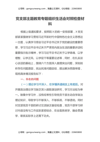 党支部主题教育专题组织生活会对照检查材料（六个方面）