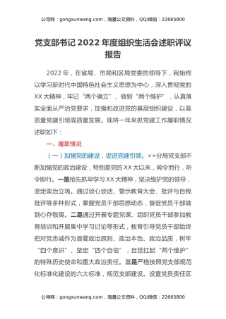 党支部书记2022年度组织生活会述职评议报告