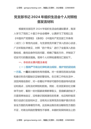 党支部书记2024年组织生活会个人对照检查发言材料