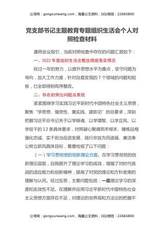党支部书记主题教育专题组织生活会个人对照检查材料（四个方面）（2）
