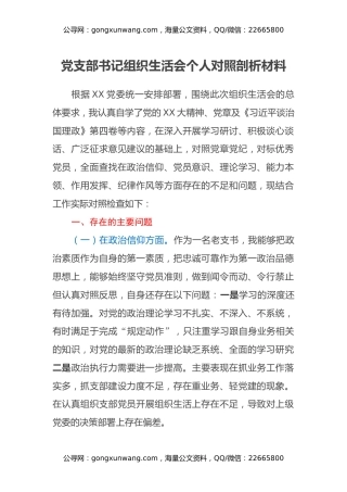 党支部书记组织生活会个人对照剖析材料