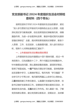 党支部副书记2024年度组织生活会对照检查材料（上年度整改落实情况+四个带头）