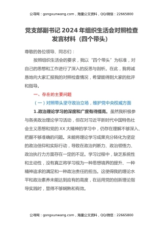 党支部副书记2024年组织生活会对照检查发言材料（四个带头）