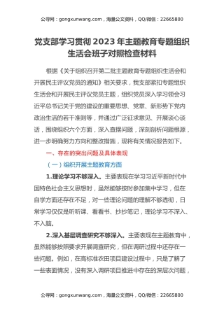 党支部学习贯彻2023年主题教育专题组织生活会班子对照检查材料（六个方面）