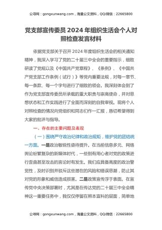 党支部宣传委员2024年组织生活会个人对照检查发言材料