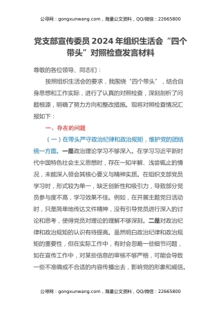 党支部宣传委员2024年组织生活会四个带头对照检查发言材料