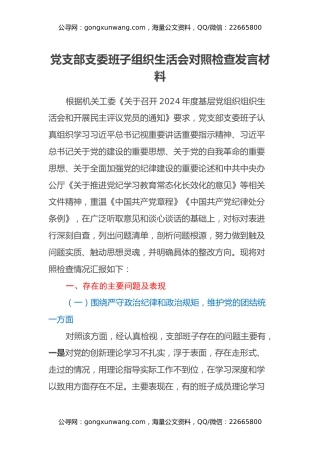党支部支委班子组织生活会对照检查发言材料