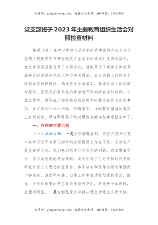 党支部班子2023年主题教育组织生活会对照检查材料（2）