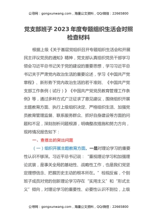 党支部班子2023年度专题组织生活会“六个方面”对照检查材料