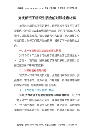党支部班子组织生活会的对照检查材料