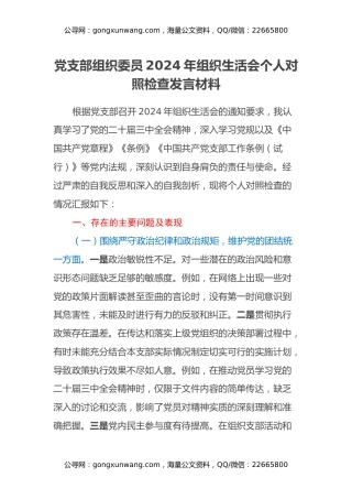 党支部组织委员2024年组织生活会个人对照检查发言材料