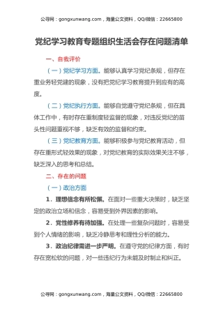 党纪学习教育专题组织生活会存在问题清单