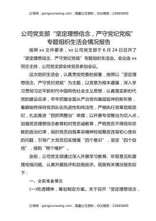 公司党支部“坚定理想信念，严守党纪党规”专题组织生活会情况报告