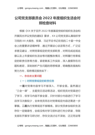 公司党支部委员会2022年度组织生活会对照检查材料