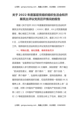 关于2022年度基层党组织组织生活会和开展民主评议党员召开情况的报告 (2)