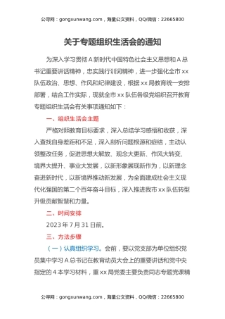 关于专题组织生活会的通知