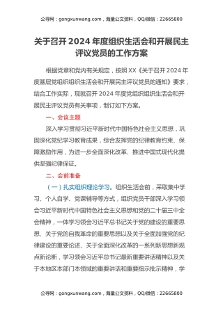 关于召开2024年度组织生活会和开展民主评议党员的工作方案
