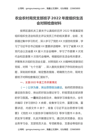 农业农村局党支部班子2022年度组织生活会对照检查材料