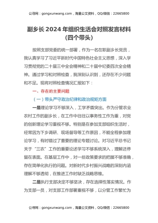 副乡长2024年组织生活会对照发言材料（四个带头）
