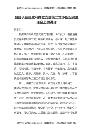 副县长在县政府办党支部第二党小组组织生活会上的讲话