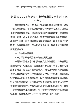 副局长2024年组织生活会对照发言材料（四个带头）