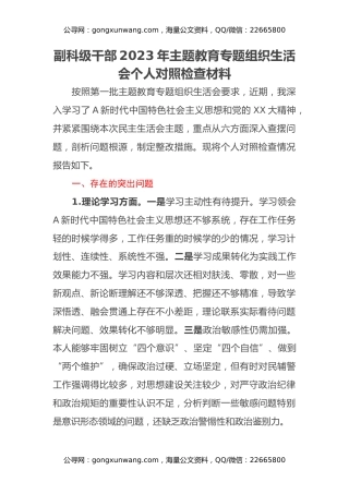 副科级干部2023年主题教育专题组织生活会个人对照检查材料