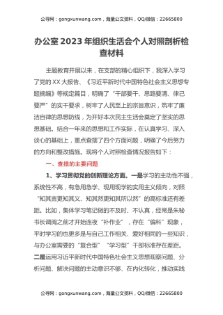 办公室2023年组织生活会个人对照剖析检查材料