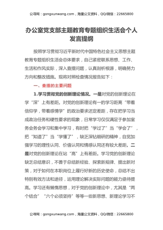 办公室党支部主题教育专题组织生活会个人发言提纲（四个方面）