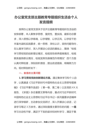 办公室党支部主题教育专题组织生活会个人发言提纲（四个方面） (2)