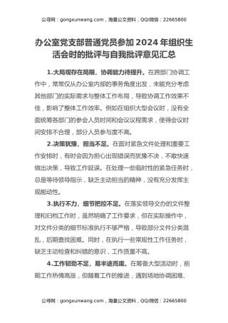 办公室党支部普通党员参加2024年组织生活会时的批评与自我批评意见汇总