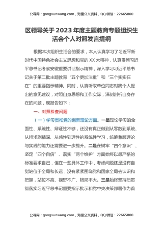 区领导关于2023年度主题教育专题组织生活会个人对照发言提纲