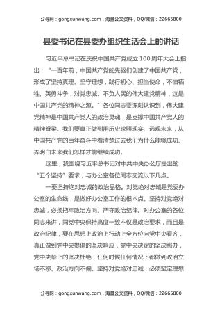 县委书记在县委办组织生活会上的讲话