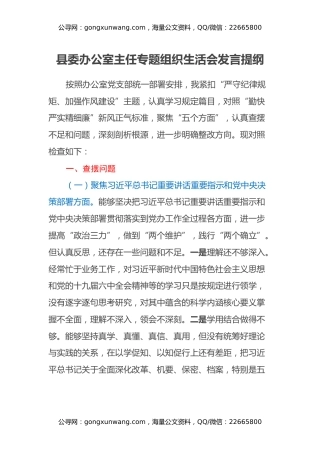 县委办公室主任专题组织生活会对照检查