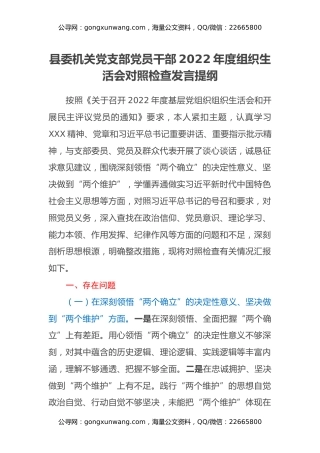 县委机关党支部党员干部2022年度组织生活会对照检查发言提纲